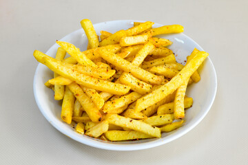 French fries Snack food crispy potato . Fast food or  snacks concept. Patates cips.