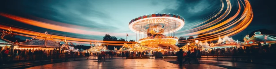 Fotobehang Amusementspark Amusement park in the evening. Long exposure, motion blur. Rest, holidays and entertainment.