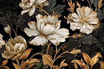 Golden flowers on black marble. Interior wall frame art wallpaper. Generative AI