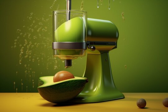 3D rendered image of avocado juice being extracted using an electric juicer. Generative AI