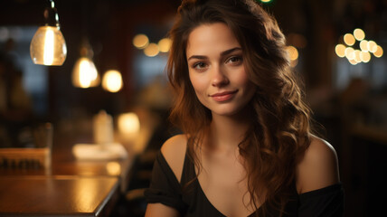 Young woman wearing black party dress in restaurant, adult girl sits in bar or cafe with dark interior. Portrait of female person on blurry background. Concept of fashion, night