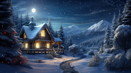Wooden house in winter forest at night, landscape with mountain, snow and moon. Chalet and...