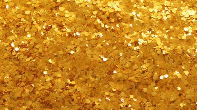 Lot of golden circles like coins, treasure texture background. Many gold particles, abstract pattern of shiny metal confetti, luxury effect. Theme of celebration, wealth, jewel,