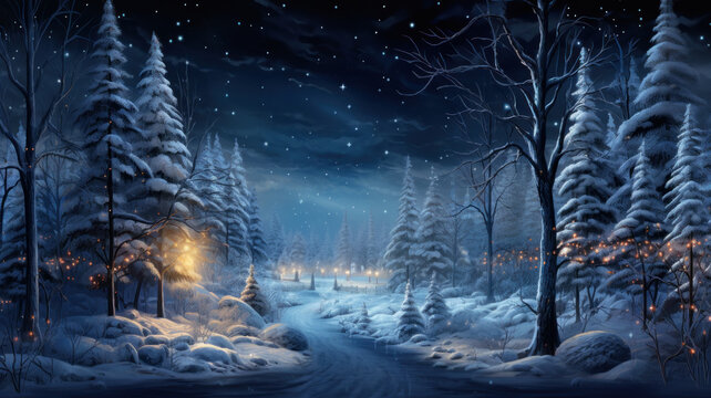 Fototapeta Winter forest at Christmas night, dreamy landscape with magical lights, snow and starry sky. Fairy tale snowy woods. Theme of New Year holiday, wonderland, fairytale nature, xmas