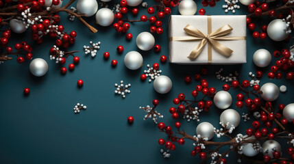 Christmas Eve concept Top view photo of gift boxes with ribbon bows golden star baubles green red