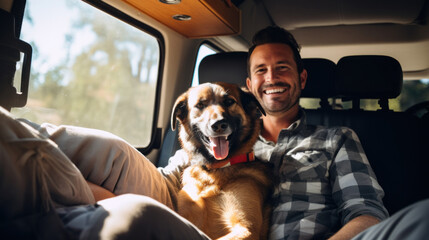happy dog with owner sitting in their camper van - obrazy, fototapety, plakaty
