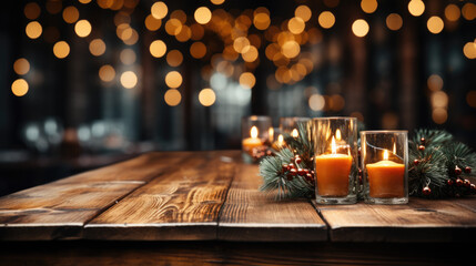 Empty wooden table with Christmas theme in the background