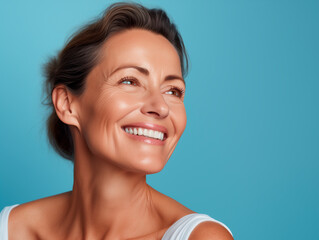 Portrait of attractive smiling woman with immaculate skin, skin care and healthy living concept