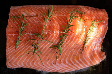 Raw seasoned salmon fillet with rosemary and olive oil on a baking pan