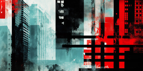 Abstract cityscape with tall buildings with red and black. Background or banner for website. Copy space