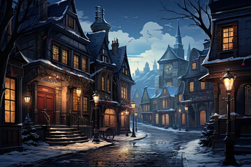 Fabulous illustration of a winter street of a romantic city with Gothic houses elegantly decorated for Christmas - obrazy, fototapety, plakaty