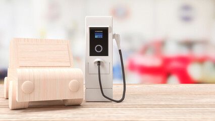 Ev station and wood car  on Table for Technology concept 3d rendering