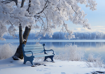 Winter Serenity: Snow-Covered Trees and a bench to relax 