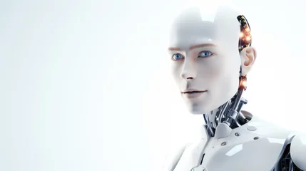 Poster Female robot face closeup on white blurred digital background. Artificial intelligence in virtual reality. Robot head conceptual design closeup portrait. © zayatssv
