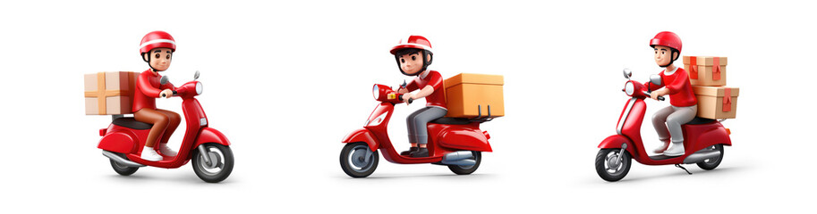 icon collection of delivery motorbike or scooter driver with courier box on back going fast to deliver online order express service isolated on png transparent cutout background