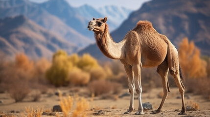 A dromedary camel on natural background. AI generated content.  