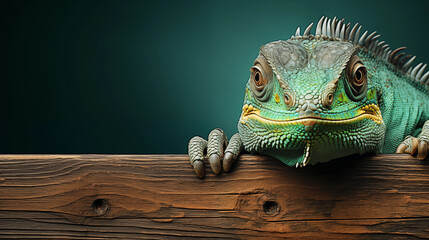 Portrait of green iguana looking at camera. Free space for text. AI generated content. 