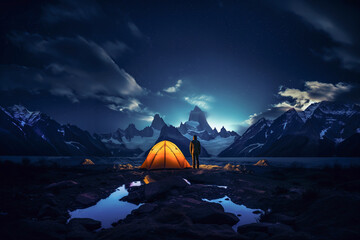 Person standing next to a tent at night looking at amazing scenery of Torres del Paine rocky peaks - obrazy, fototapety, plakaty