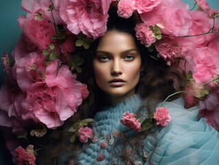 Fashion portrait of a woman with flowers. Pink tones, old-fashioned.