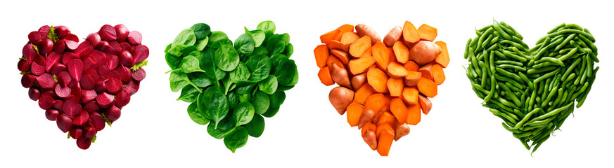 Four heart shapes made of slices of beetroots, baby spinach, slices of sweets potatoes and green beans over isolated transparent background