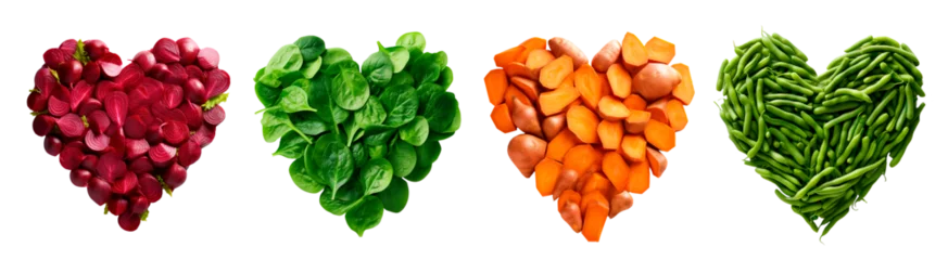Foto auf Acrylglas Four heart shapes made of slices of beetroots, baby spinach, slices of sweets potatoes and green beans over isolated transparent background © Pajaros Volando