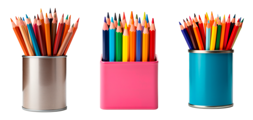 Three colorful pencils in metal pencil boxes on isolated transparent and white background