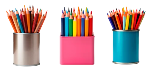 Fotobehang Three colorful pencils in metal pencil boxes on isolated transparent and white background © Pajaros Volando