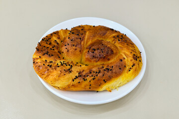 Turkish pastry product , tasty pogaca. Turkish Pastries; pogaca, borek, acma, ay coregi at patisserie showcase.