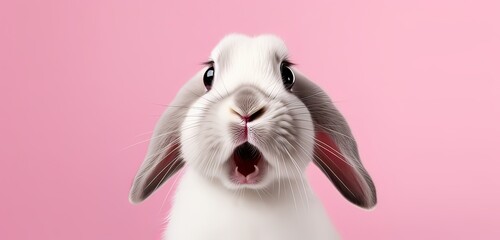 a portrait of a mini lop rabbit with a surprised expression, looking into the camera isolated a pink background.
 - obrazy, fototapety, plakaty