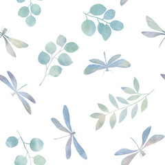 seamless abstract pattern, delicate watercolor drawing, cut out silhouette of dragonflies and leaves on a white background.