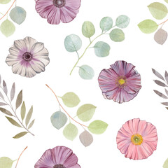 Botanical ornament, flowers and leaves. Watercolor seamless illustration. Abstract background for design, print, wallpaper, textile.