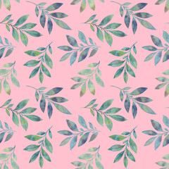 Watercolor, branches seamless pattern. Delicate leaves for wallpaper, print, wrapping paper, textile.
