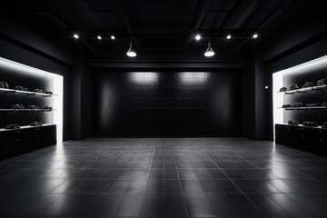 Empty room with stone floor, black walls, and ceiling lights for product display. Generative AI - obrazy, fototapety, plakaty