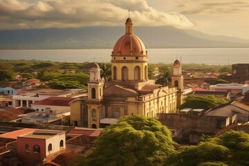 Fototapeta na wymiar Stunning cityscape of Granada, Nicaragua featuring Iglesia de la Merced church's iconic bell tower. Generative AI