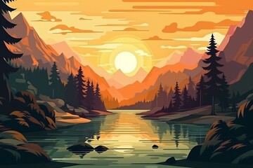 Illustration of a breathtaking landscape with a stunning lake and majestic mountains. Generative AI