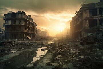 Post-apocalyptic city aftermath with devastated buildings and nuclear pollution. Generative AI