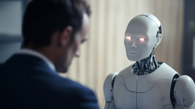 A man confides his psychological distress to her robotic assistant. Concept of psychological support thanks to AI. - Powered by Adobe