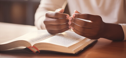 Woman hands praying to god on the open bible. Pray for god blessing to wish to have a better life and life to be out of the crisis - obrazy, fototapety, plakaty