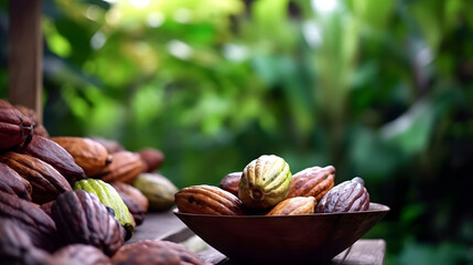 Bowl of fresh raw cocoa beans on wooden table with blurred background