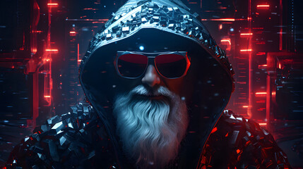 Cyberpunk style portrait of Santa Claus. 3D Rendering