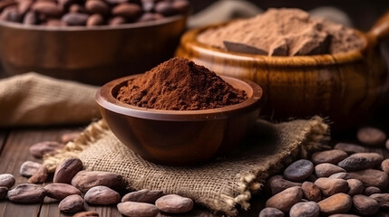 Raw cocoa beans, clay bowl with cocoa powder. Cocoa powder in a bowl and cocoa beans on wooden background.	