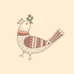 A little fairy bird holding a cranberry sprig in its beak. Folk art vector illustration for textile, embroidery, greeting card, poster.