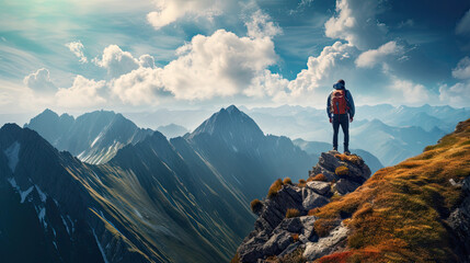 hiker on top of mountain sport outdoor panorama landscape - by generative ai - obrazy, fototapety, plakaty