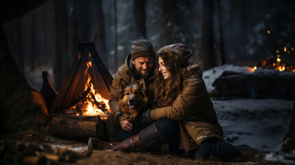 Young couple in love with dog sitting near campfire in winter forest at night.