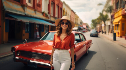 Obraz premium Beautiful woman in a hat and sunglasses with red vintage car on the street of Cuba.