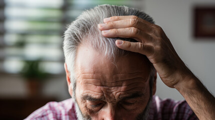 Close-up of senior man suffering from headache while sitting at home.