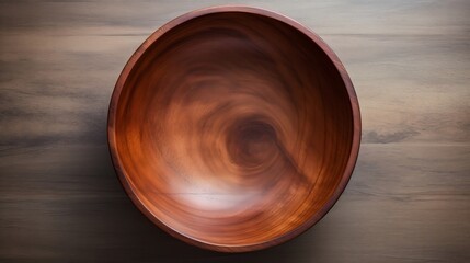 A beautifully crafted wooden bowl on wooden table, Top view of handcrafted empty Wooden Bowl on a plain surface  - Powered by Adobe