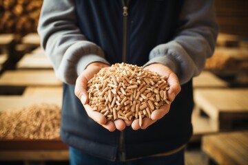 Close up of male hands holding eco friendly natural wood pellets for heating purposes