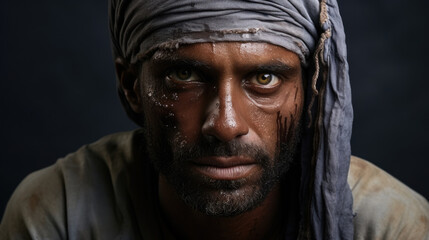 Obraz premium Close-up portrait of local egyptian man with wet face in a turban on a dark background.