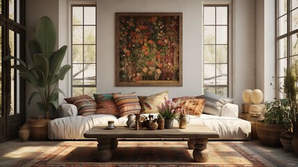 Bohemian living room interior design with large poster frame and comfortable sofa photography ::10 , 8k, 8k render